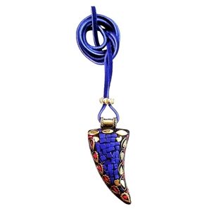 Tibetan Lapis Lazuli, Red Coral and brass pendant necklace